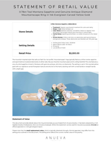 0.78ct Teal Montana Sapphire and Genuine Antique Diamond Mountainscape Ring in 14k Evergreen Carved Yellow Gold