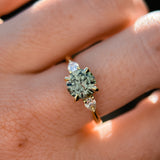 1.65ct Round Untreated Precision Cut Montana Sapphire and Natural Pear Diamond Three Stone Low Profile Ring in 18k Yellow Gold