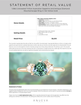 24 Hour Hold. 1.08ct Untreated Trillion Australian Sapphire and Antique Diamond Mountainscape Ring in 14k Yellow Gold