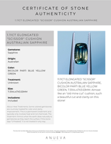 1.11CT ELONGATED "SCISSOR" CUSHION AUSTRALIAN SAPPHIRE, BICOLOR PARTI BLUE YELLOW GREEN, 7.31X4.47X3.53MM