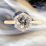 1.13ct Salt and Pepper and White Diamond Hexagon Halo Ring in 14k Yellow Gold
