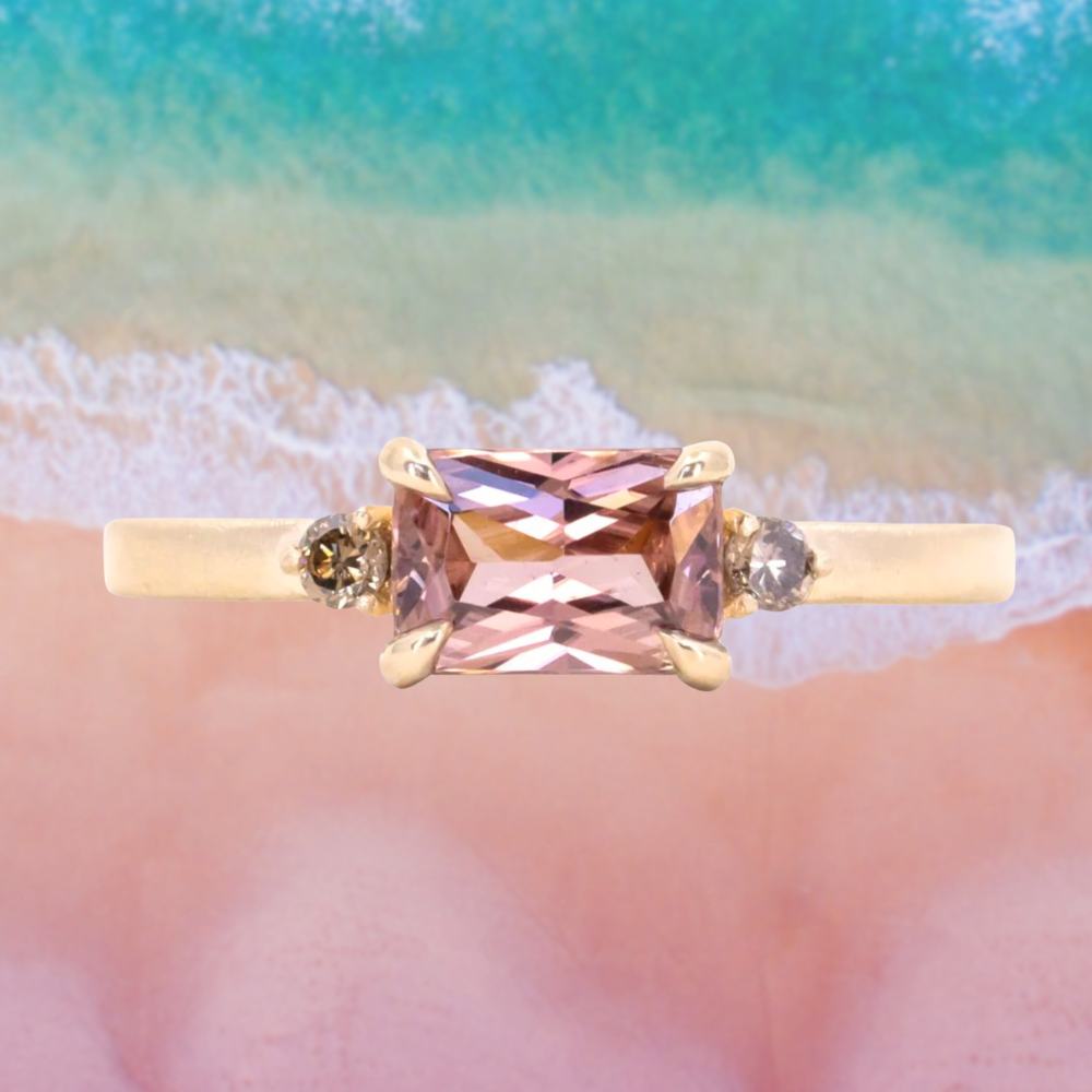 East-West Radiant cut Pink Zircon and Champagne Diamond Low