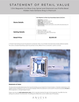 1.21ct Baguette Cut Blue-Grey Spinel and Diamond Low Profile Bezel Hidden Halo Solitaire Ring in Platinum