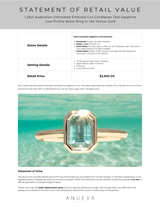 1.26ct Australian Untreated Emerald Cut Caribbean Teal Sapphire Low Profile Bezel Ring in 14k Yellow Gold