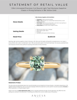 1.30ct Untreated Precision Cut Round Light Teal Montana Sapphire Classic 4 Prong Solitaire in 18k Yellow Gold