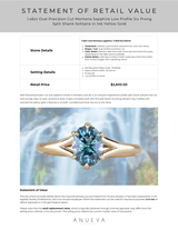 1.46ct Oval Precision Cut Montana Sapphire Low Profile Six Prong Split Shank Solitaire in 14k Yellow Gold