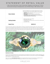 1.48ct Round Brilliant Green Australian Sapphire and Natural Trillion Diamond Antique Compass Set Low Profile Ring in 18k Yellow Gold
