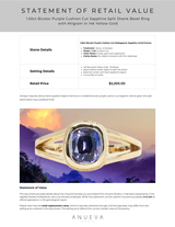 1.50ct Bicolor Purple Cushion Cut Sapphire Split Shank Bezel Ring with Milgrain in 14k Yellow Gold