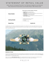 1.65ct Round Untreated Precision Cut Montana Sapphire and Natural Pear Diamond Three Stone Low Profile Ring in 18k Yellow Gold