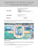 1.70ct Untreated Radiant Cut Vibrant Teal Green Sapphire Antique-Style Diamond Halo Ring in 14 Yellow Gold