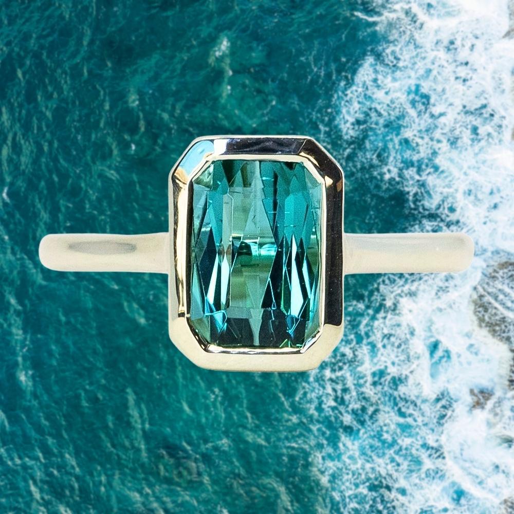 1.84ct Radiant Scissor Cut Green Tourmaline Contemporary Bezel Set Rin