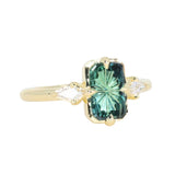 1.62ct Untreated Green Kenyan Fantasy Cut Radiant Sapphire and Kite Diamond Compass Set Three Stone Low Profile Ring in 18k Yellow Gold