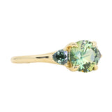 1.50ct Round Parti Yellow Blue Precision Cut Montana Sapphire and Trillion Sapphire Low Profile Three Stone Ring in 18k Yellow Gold