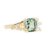 1.75ct Multicolor Cushion Cut Madagascar Sapphire in Wandering Vine Low Profile 4 Prong Setting with Diamonds in 14k Yellow