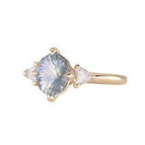 2.09ct Untreated Tanzanian Color Shifting Fantasy Cut Sapphire and Diamond Antique Milgrain Three Stone Low Profile Ring in 14k Yellow Gold