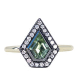 0.70ct Shield Cut Montana Sapphire and Blackened Gold Bezel Set Diamond Halo In 14k Green Gold