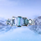 Teal Tourmaline and Sapphire Mosaic Low Profile Ring in 14k White Gold