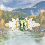 1.55ct Untreated Oval Green Sapphire and Lab Grown Marquise Diamond Cluster Ring in 14k Yellow Gold