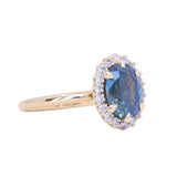 2.35ct Oval Glowy Teal Blue Untreated Nigerian Sapphire Antique-Style Diamond Halo Ring in 14k Yellow Gold