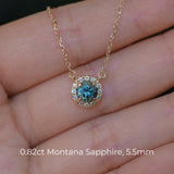 Dainty 14k Yellow Gold Montana Sapphire and Diamond Halo Necklaces
