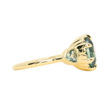 3.93ct Untreated Oval Teal Montana Sapphire and Trillion Australian Sapphire Three Stone Scallop Cup Antique Style with Milgrain Low Profile Ring in 18k Yellow Gold