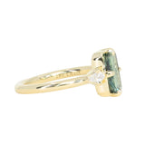 1.62ct Untreated Green Kenyan Fantasy Cut Radiant Sapphire and Kite Diamond Compass Set Three Stone Low Profile Ring in 18k Yellow Gold