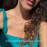 Dainty 14k Yellow Gold Montana Sapphire and Diamond Halo Necklaces