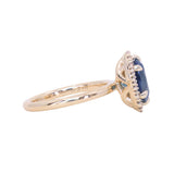 2.35ct Oval Glowy Teal Blue Untreated Nigerian Sapphire Antique-Style Diamond Halo Ring in 14k Yellow Gold