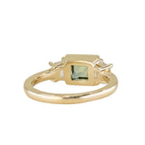 1.06ct Unheated Step Cut Teal Bezel Set Sapphire and White Cadillac Prong Set Sapphire Low Profile Three Stone Ring in 14k Yellow Gold