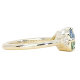 2.03ct Asscher Cut Untreated Sapphire and Trillion Diamond Antique Compass Set Low Profile Ring in 14k Green Gold
