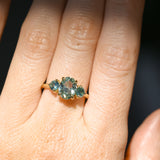 1.74ct Unheated Oval Montana Sapphire and Madagascar Sapphire Low Profile Three Stone Ring in 18k Yellow Gold
