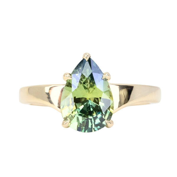 2.70ct Untreated Parti Color Pear Sapphire Low Profile 5 Prong Tapered Solitaire in 14k Yellow Gold