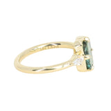 1.62ct Untreated Green Kenyan Fantasy Cut Radiant Sapphire and Kite Diamond Compass Set Three Stone Low Profile Ring in 18k Yellow Gold