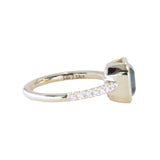 2.18ct Emerald Cut Parti Madagascar Sapphire Low Profile Bezel Solitaire Ring with Pavé Set Diamonds in 14k Green Gold