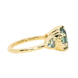 3.93ct Untreated Oval Teal Montana Sapphire and Trillion Australian Sapphire Three Stone Scallop Cup Antique Style with Milgrain Low Profile Ring in 18k Yellow Gold