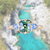 1.75ct Asscher Cut Parti Madagascar Sapphire and Trillion Sapphire Antique Compass Set Low Profile Ring in 14k Yellow Gold