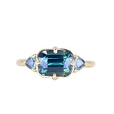 2.53ct Untreated Glowy Teal Cushion Cut Sapphire and Trillion Sapphire Antique Compass East-West Set Low Profile Ring in 14k Yellow Gold