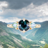 1.31ct Round Color Shifting Songean Sapphire and Trillion Sapphire Antique Compass Set Low Profile Ring in 14k Yellow Gold