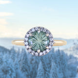 1.81ct Round Fantasy Carved Untreated Montana Sapphire and Antiqued Diamond Halo ring in 14k Yellow Gold
