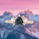 1.04ct Untreated Color Shifting Songean Trillion Sapphire and Antique Diamond Mountainscape Ring in 14k Yellow Gold