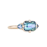 2.53ct Untreated Glowy Teal Cushion Cut Sapphire and Trillion Sapphire Antique Compass East-West Set Low Profile Ring in 14k Yellow Gold