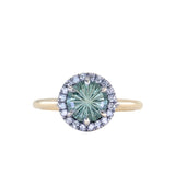 1.81ct Round Fantasy Carved Untreated Montana Sapphire and Antiqued Diamond Halo ring in 14k Yellow Gold