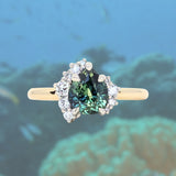 1.79ct Pear Deep Teal Green-Blue Sapphire and Diamond Asymmetrical Cluster Ring in Two Tone 14k Yellow and 14k White Gold