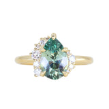 2.35ct Teal Blue Grey Untreated Pear Montana Sapphire and Diamond Asymmetrical Cluster Ring in 18k Yellow Gold