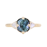 1.50ct Untreated Fantasy Cut Tanzanian Sapphire and Diamond Milgrain Three Stone Low Profile Ring in 14k Yellow Gold