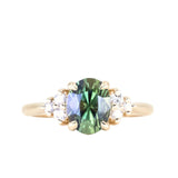 2.30ct Oval Deep Green and Teal Sapphire and Diamond Cluster Ring in 14k Yellow Gold