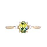 0.82ct Parti Oval Green Australian Sapphire and Diamond Dainty Three Stone Ring in 14k Yellow Gold