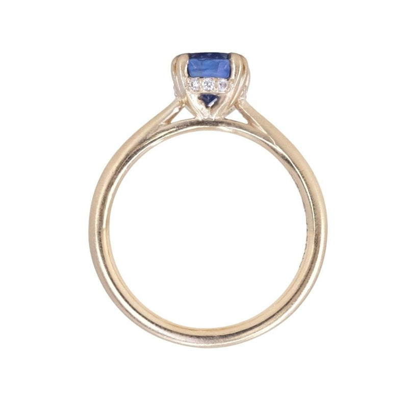 1.81ct Opalescent Oval Blue Sapphire Hidden Halo Solitaire in Satin Finished 14k Yellow Gold