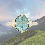 3.05ct Untreated Fantasy Cut Green Sapphire and Diamond Three Stone Antique Compass Style Low Profile Ring in 18k Yellow Gold