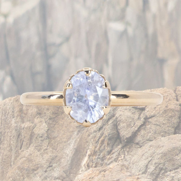 1.30ct Oval Silky White-Grey Oval Precision Cut Montana Sapphire Scallop Cup Solitaire in 14k Yellow Gold